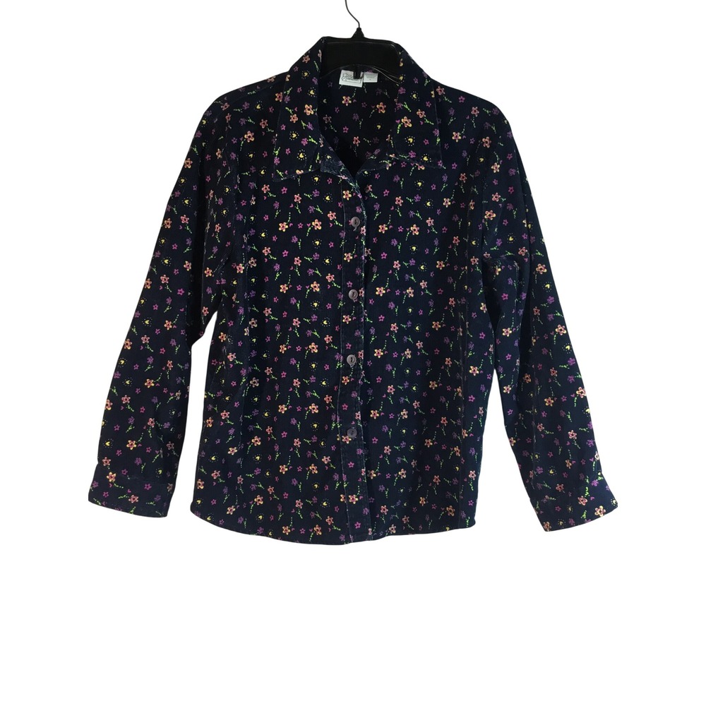 Haband Navy Blue Corduroy Floral Button Down Shirt Long Sleeve Womens Large